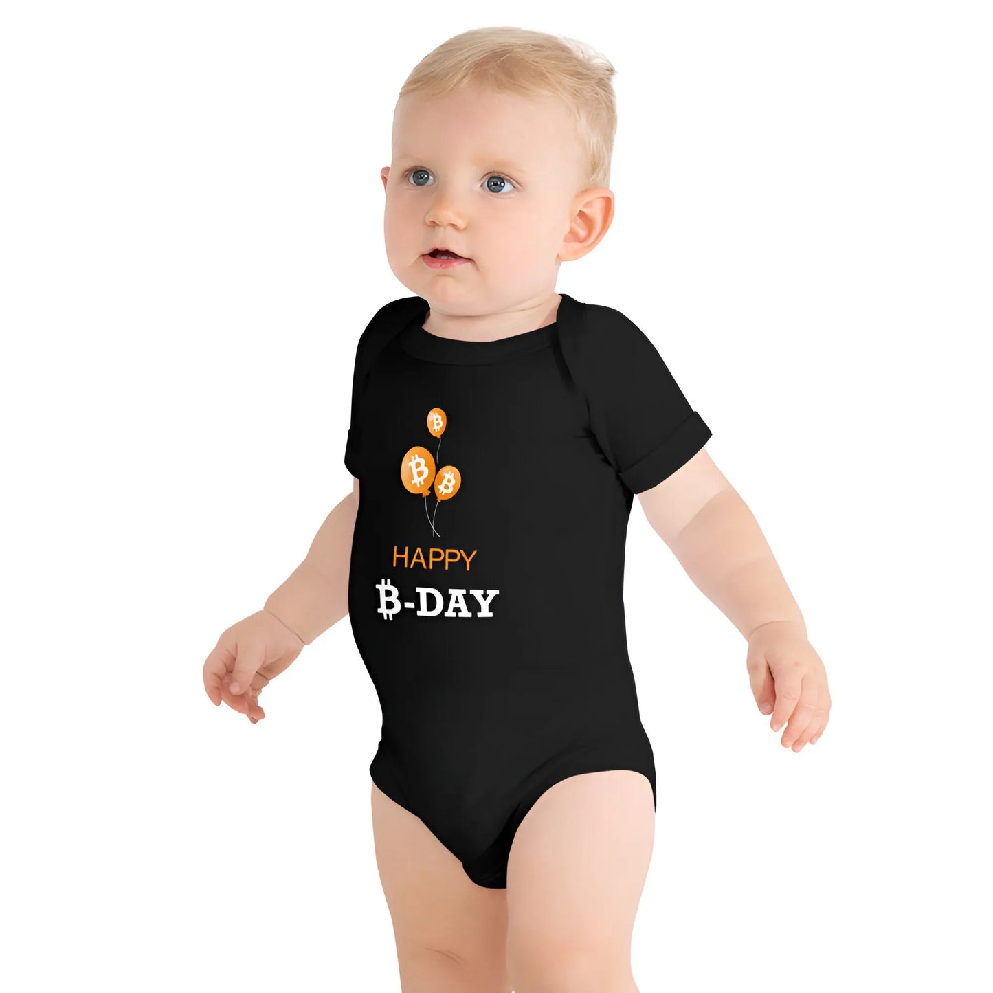 Happy B-Day - Baby Infant Bitcoin One Piece Body Suit - Short Sleeve Black