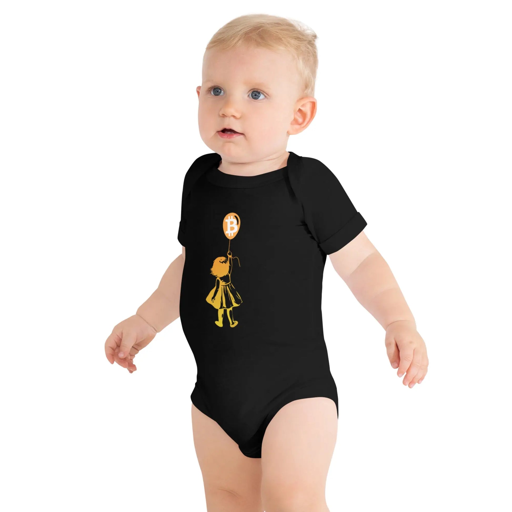 Bitcoin Balloon Girl - Baby Bitcoin Body Suit - One Piece with Short Sleeve Black