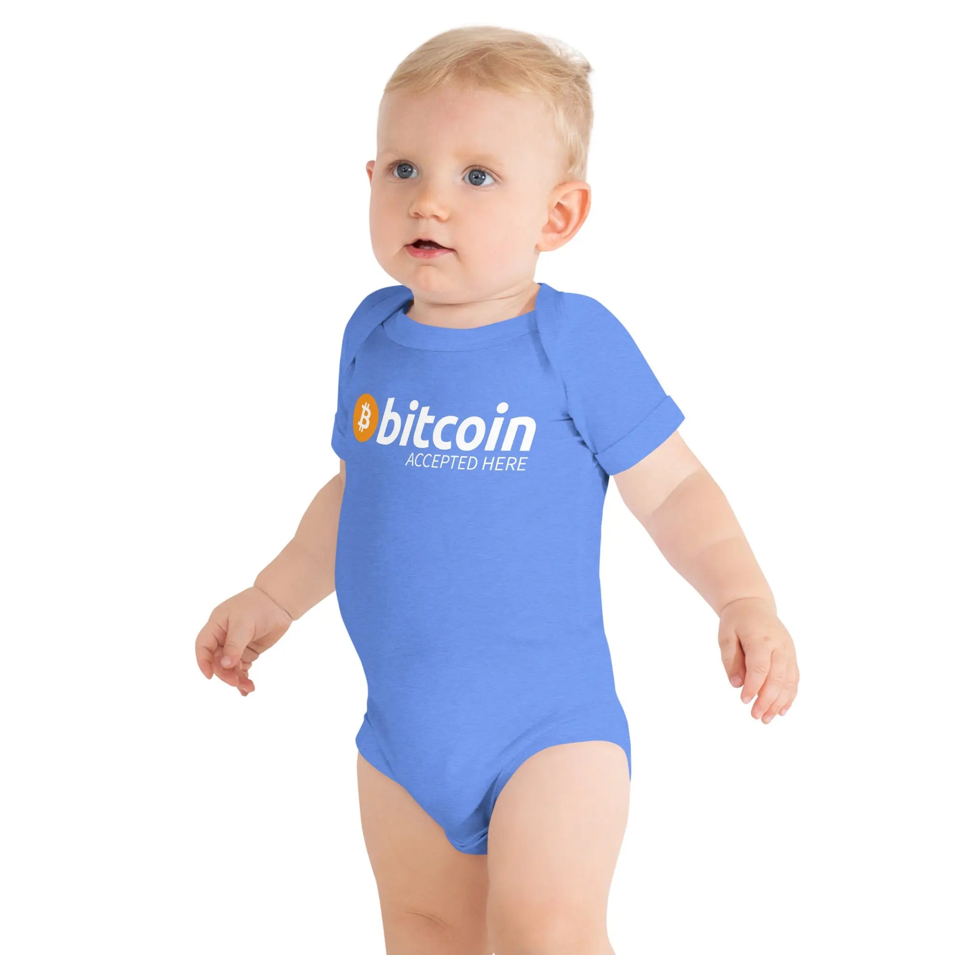 Bitcoin Accepted Here - Baby Bitcoin Body Suit - One Piece with Short Sleeve Blue