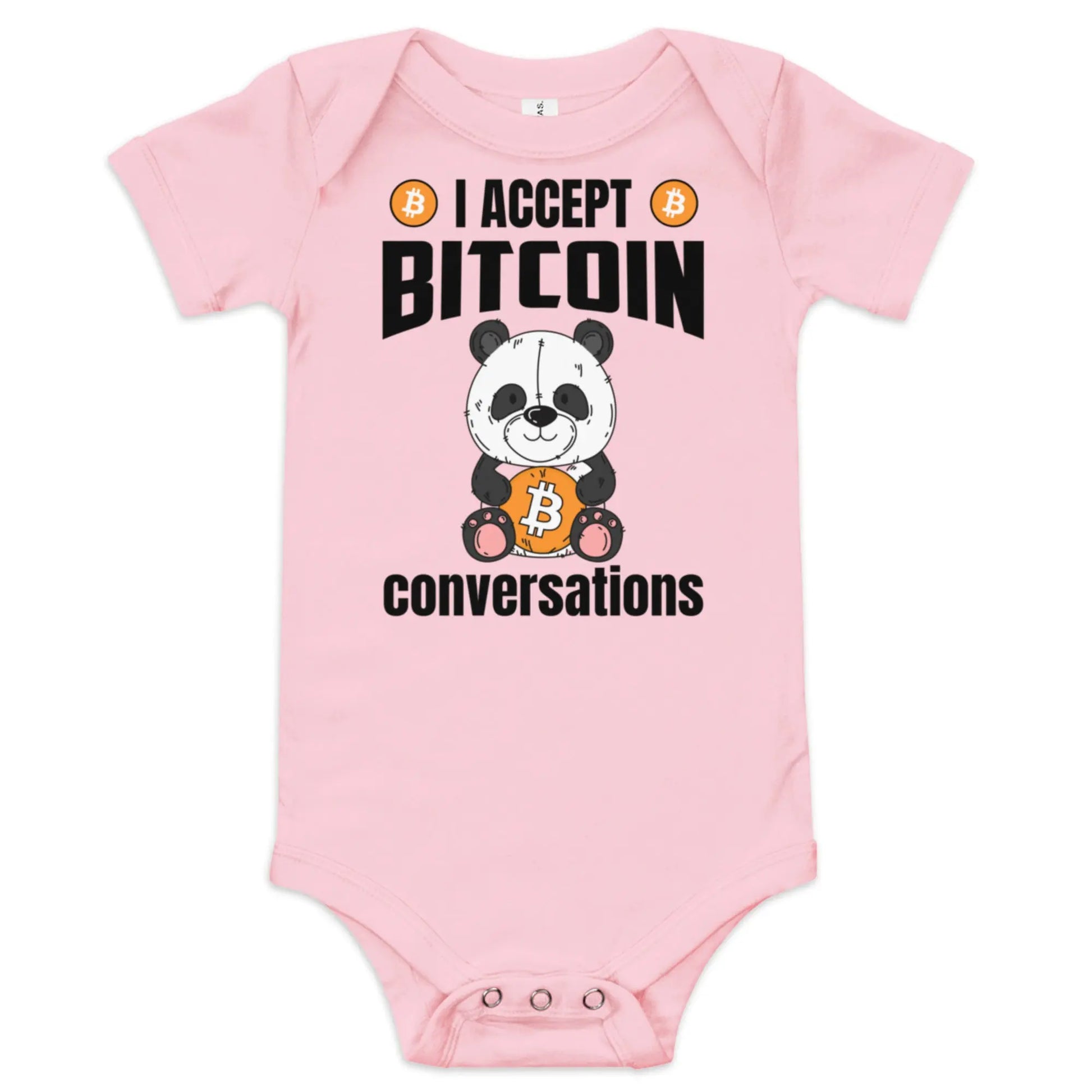 I Accept Bitcoin Conversations - Baby Bitcoin Body Suit - One Piece with Short Sleeve Pink