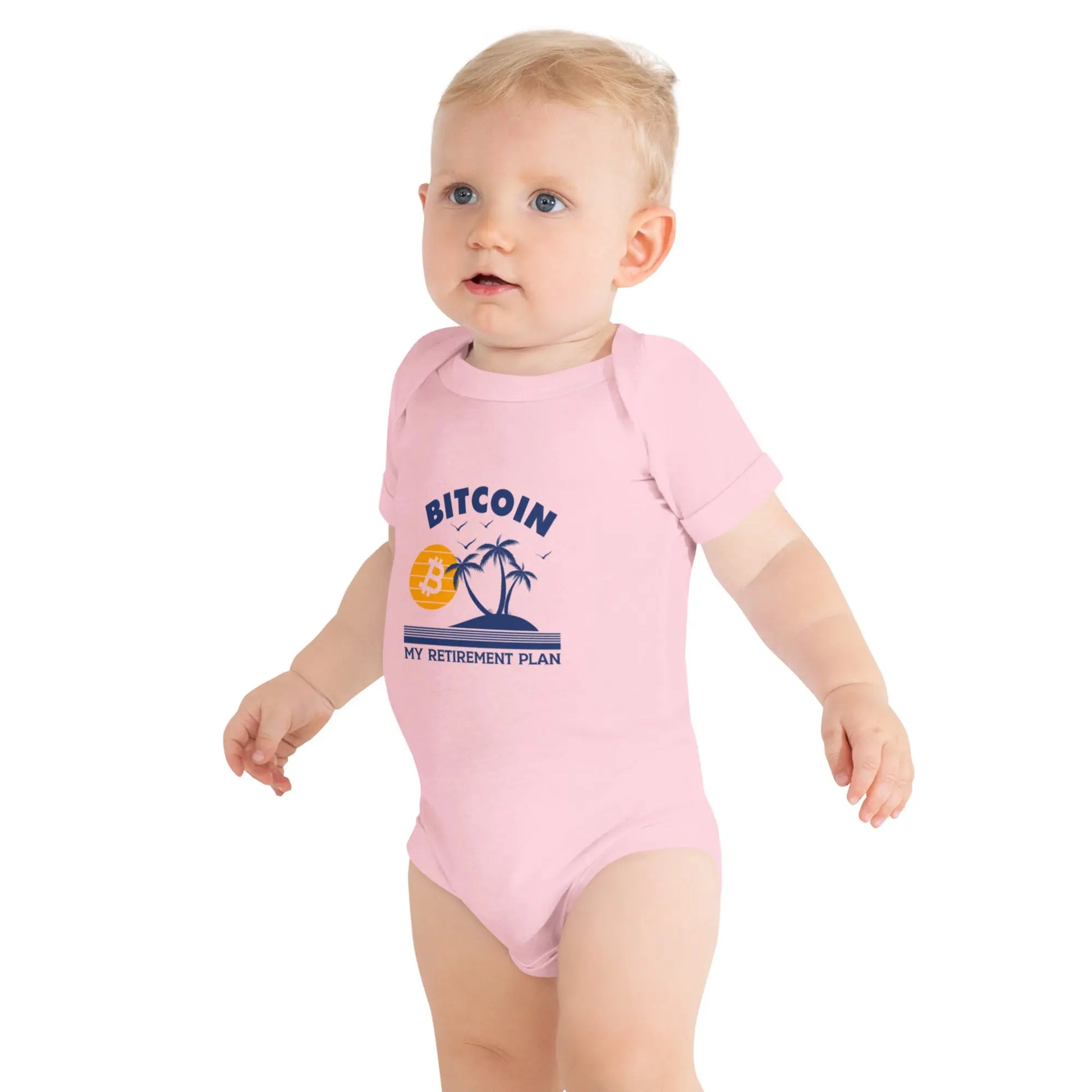 Retirement Plan - Baby Bitcoin Body Suit - One Piece with Short Sleeve Pink