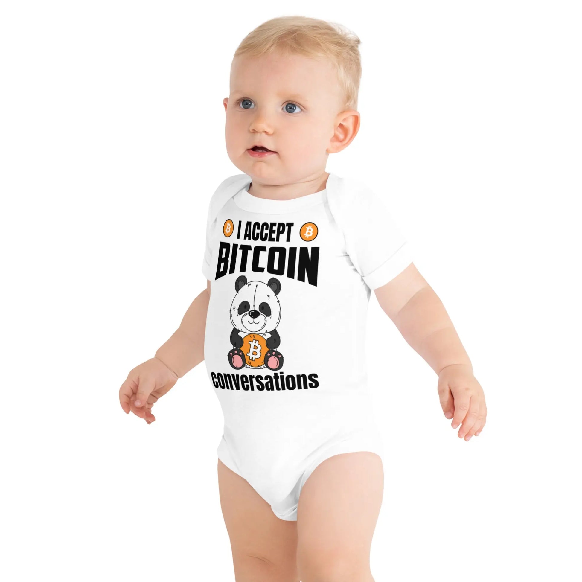 I Accept Bitcoin Conversations - Baby Bitcoin Body Suit - One Piece with Short Sleeve White