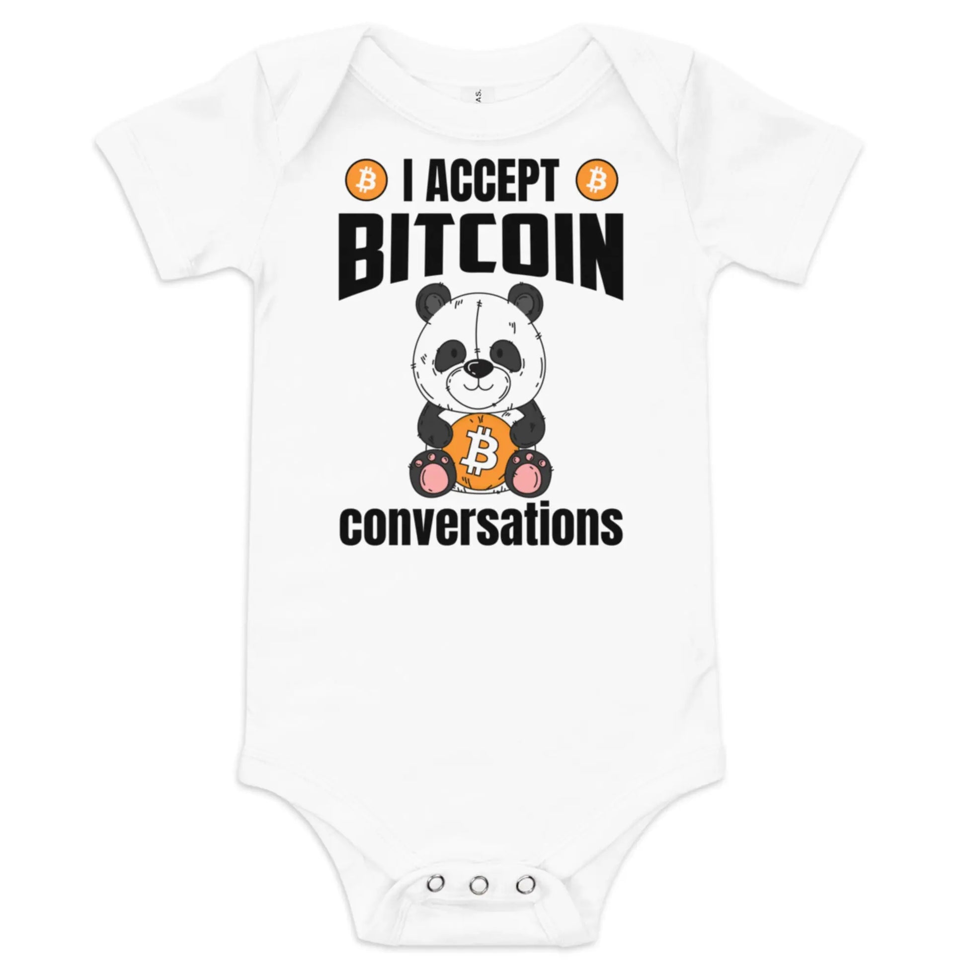 I Accept Bitcoin Conversations - Baby Bitcoin Body Suit - One Piece with Short Sleeve White