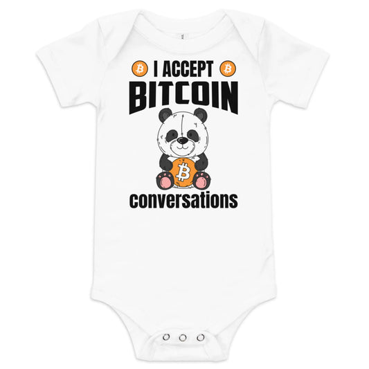 I Accept Bitcoin Conversations - Baby Bitcoin Body Suit - One Piece with Short Sleeve White