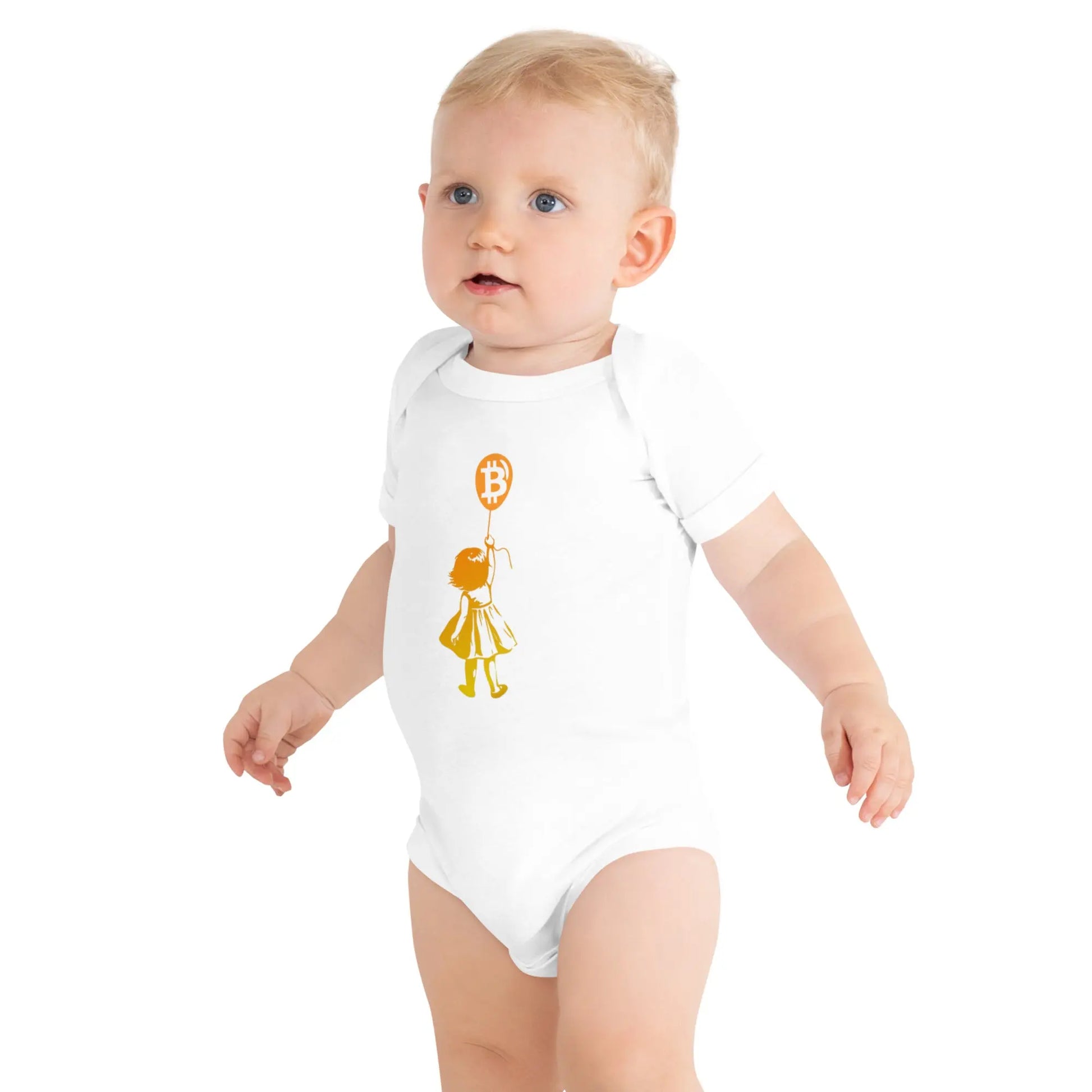 Bitcoin Balloon Girl - Baby Bitcoin Body Suit - One Piece with Short Sleeve White