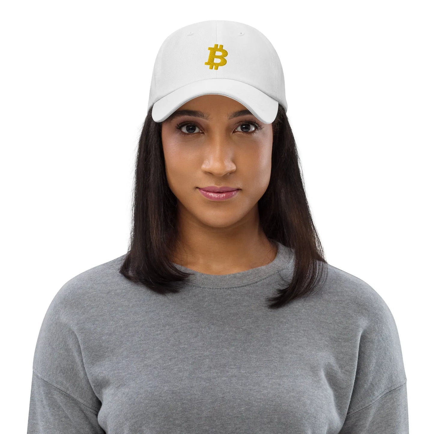 Gold Angled Bitcoin Embroidered Classic Dad Hat White