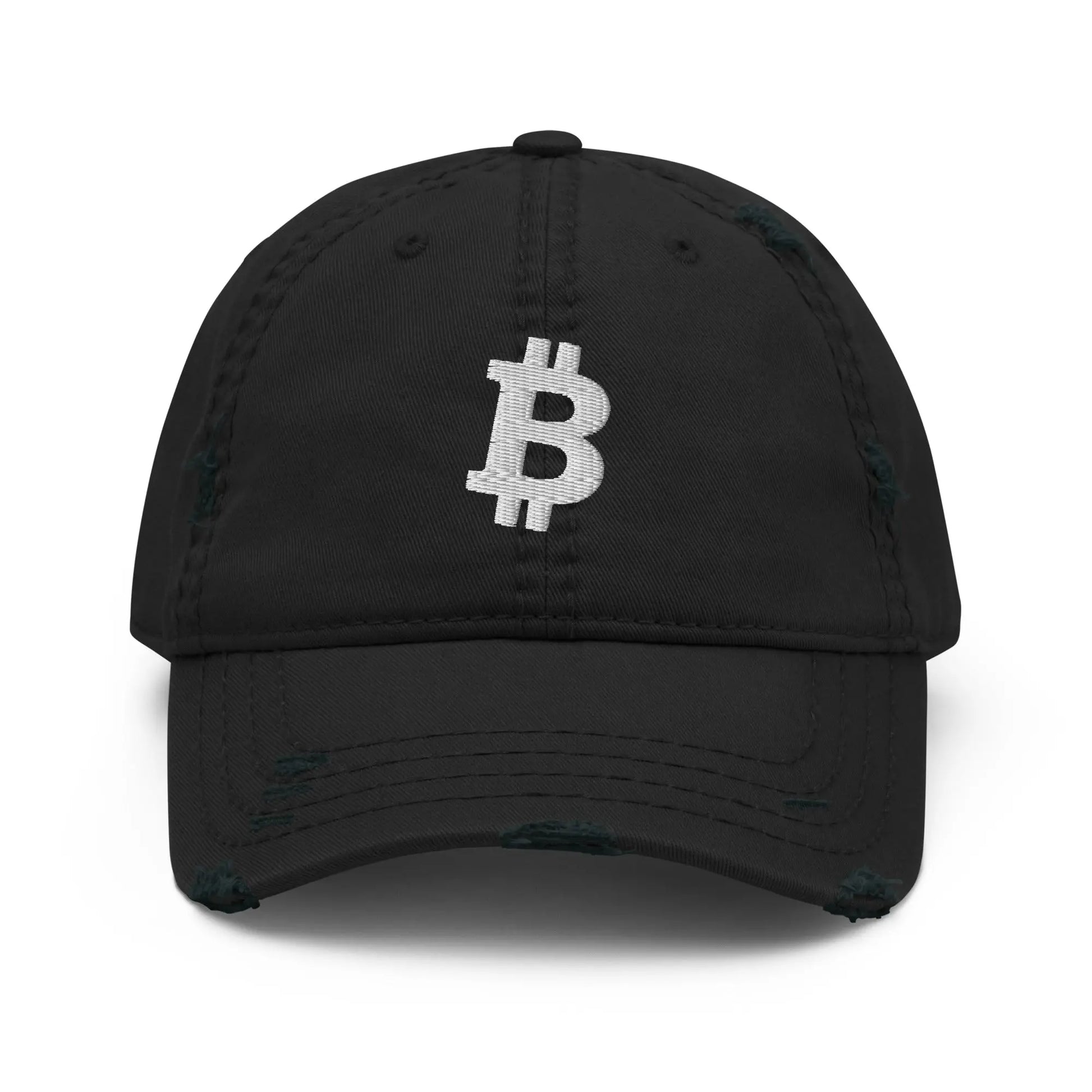 White Angled Bitcoin Embroidered Distressed Dad Hat Black 