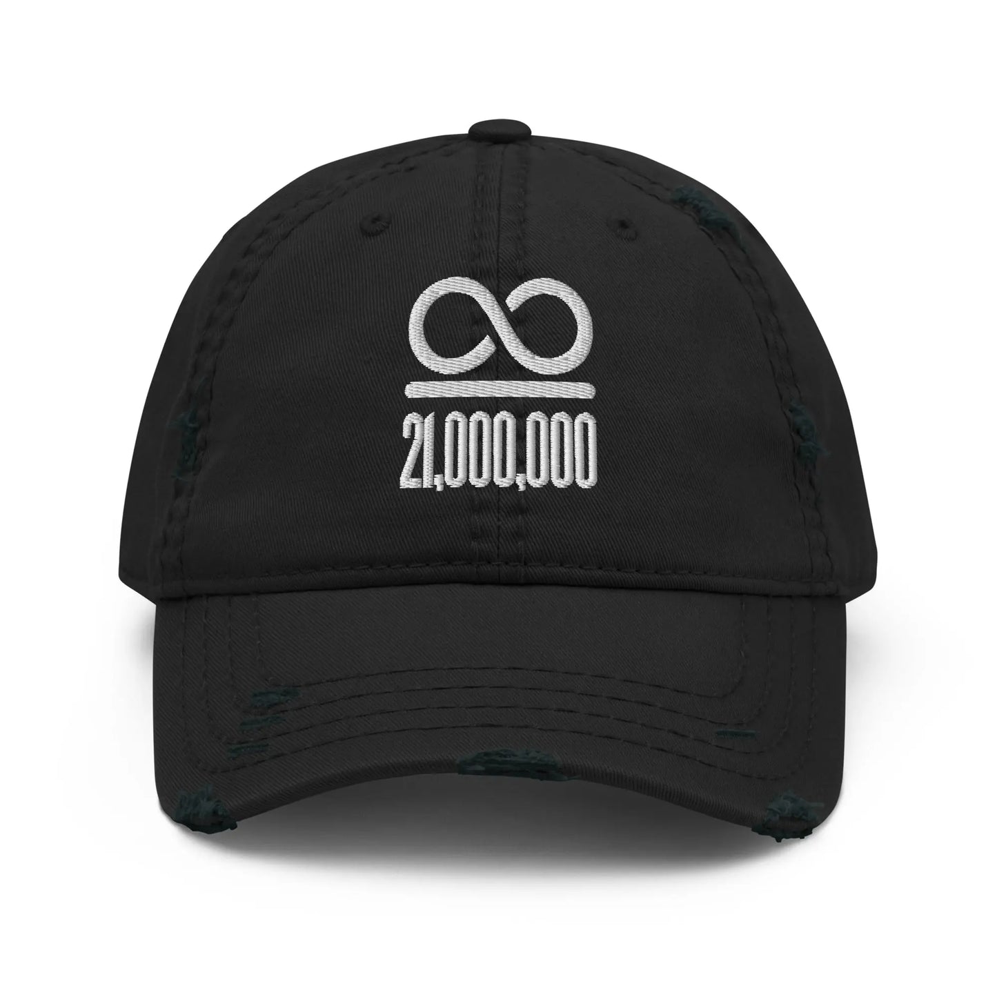 Infinity Divided By 21 Million - White Embroidery - Distressed Bitcoin Hat Store of Value