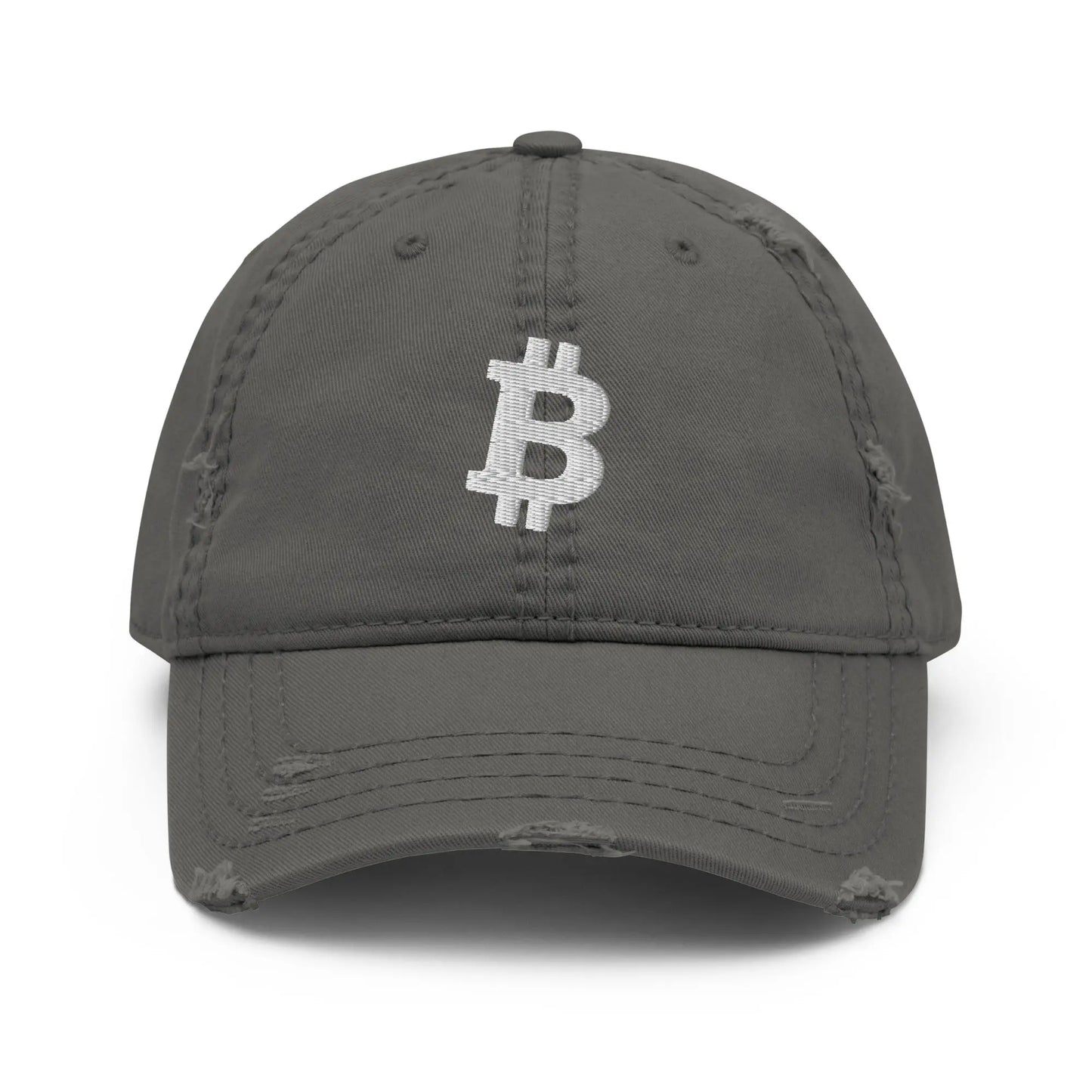 White Angled Bitcoin Embroidered Distressed Dad Hat Charcoal