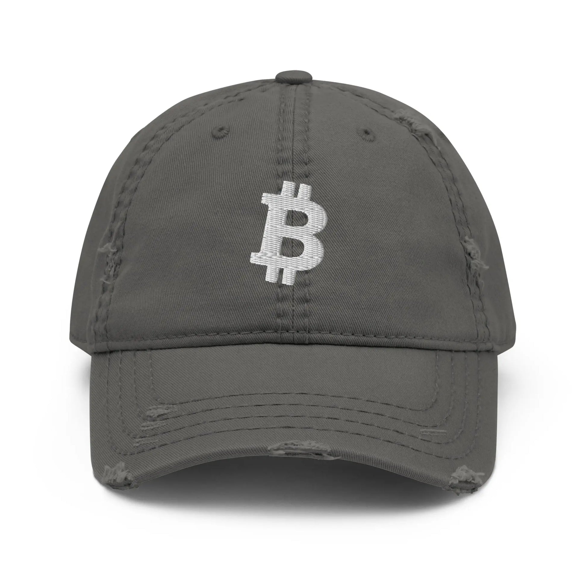 White Angled Bitcoin Embroidered Distressed Dad Hat Charcoal