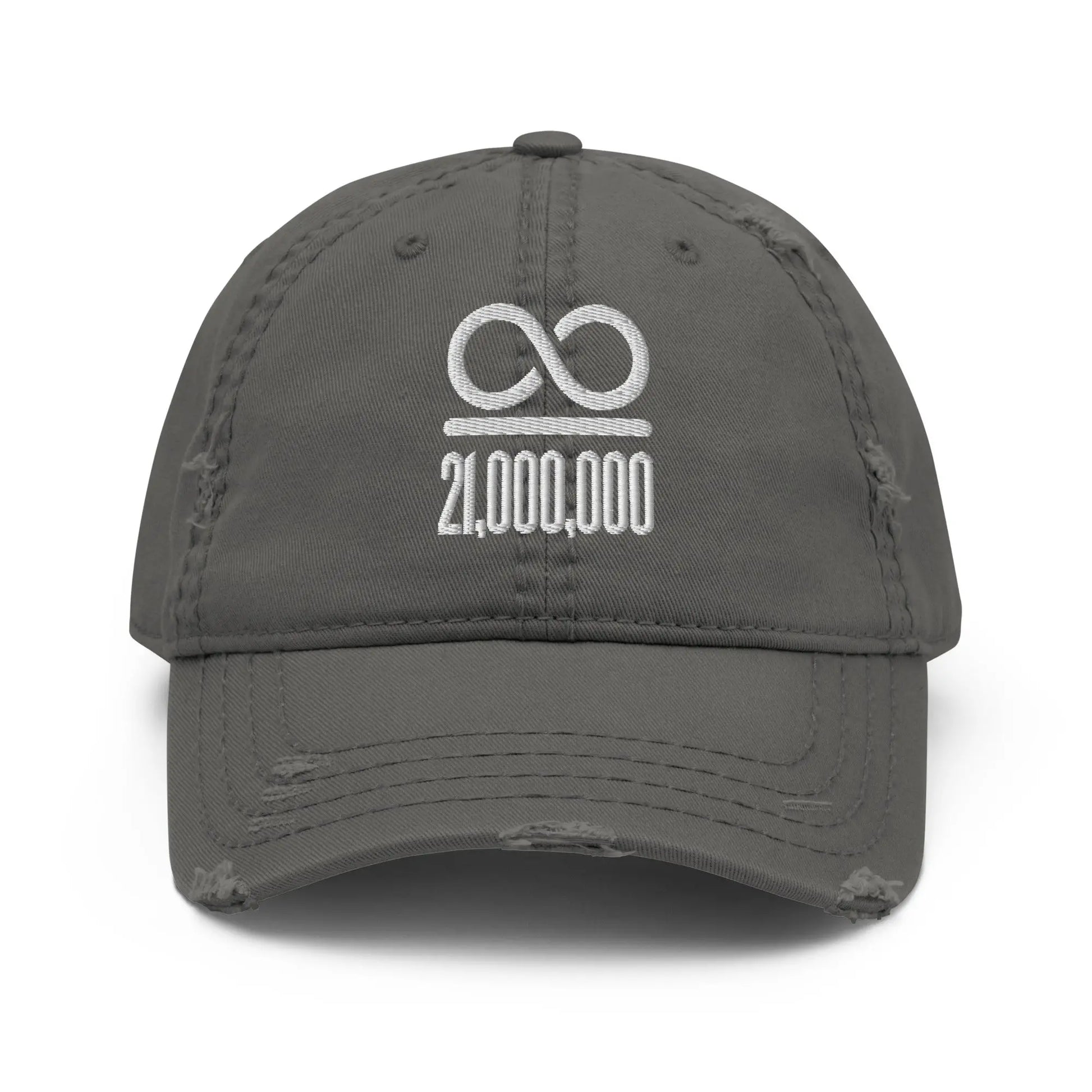 Infinity Divided By 21 Million - White Embroidery - Distressed Bitcoin Hat Store of Value