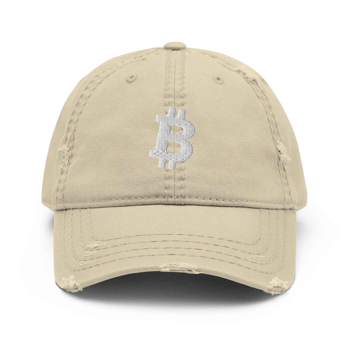 White Angled Bitcoin Embroidered Distressed Dad Hat Khaki