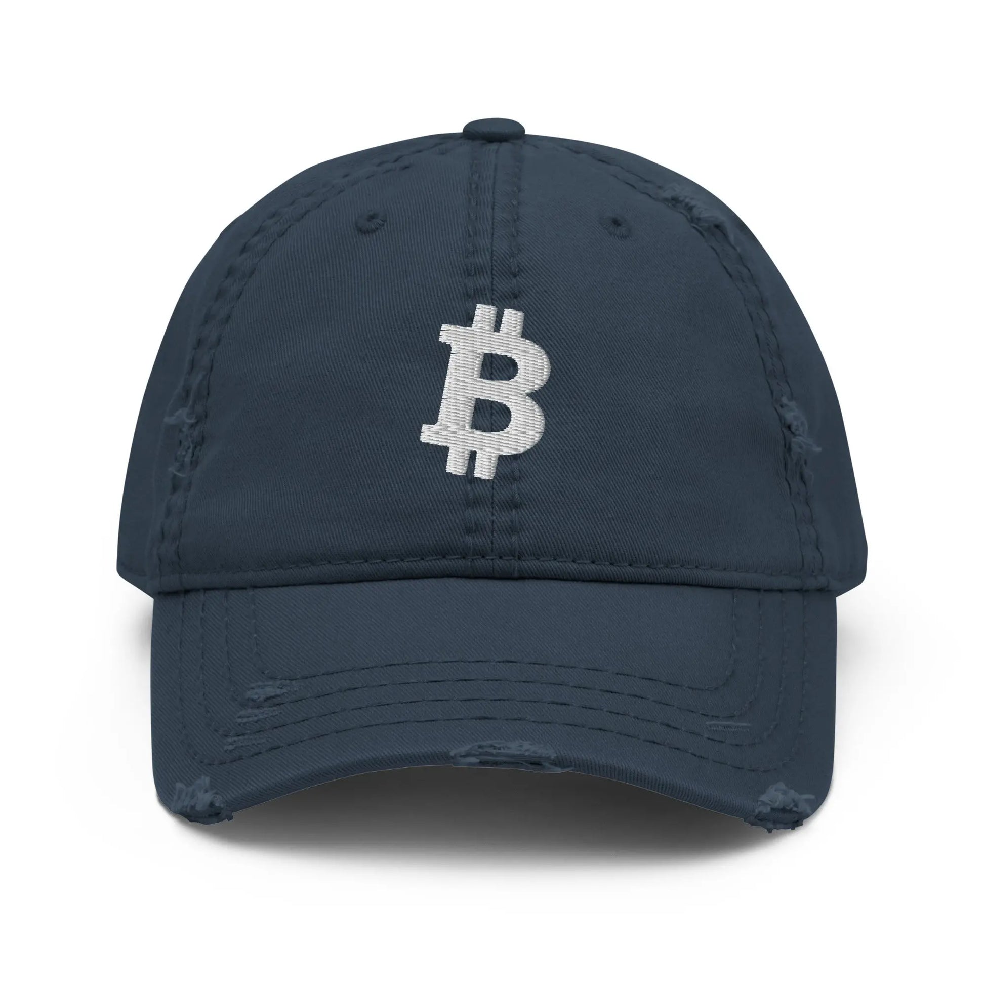 White Angled Bitcoin Embroidered Distressed Dad Hat Navy