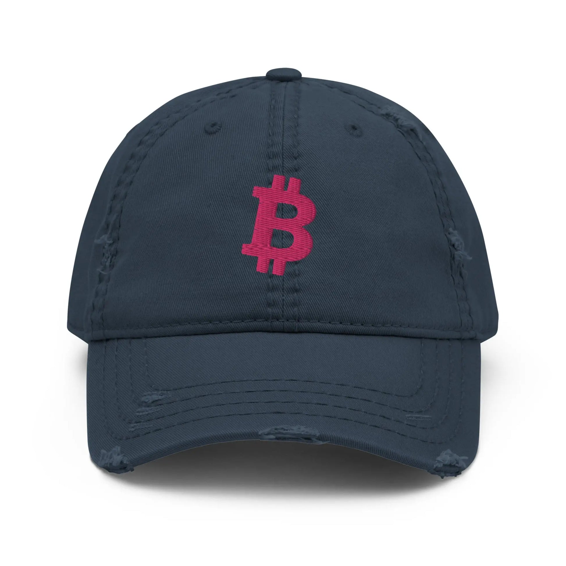 Flamingo Angled Bitcoin Embroidered Distressed Dad Hat Navy