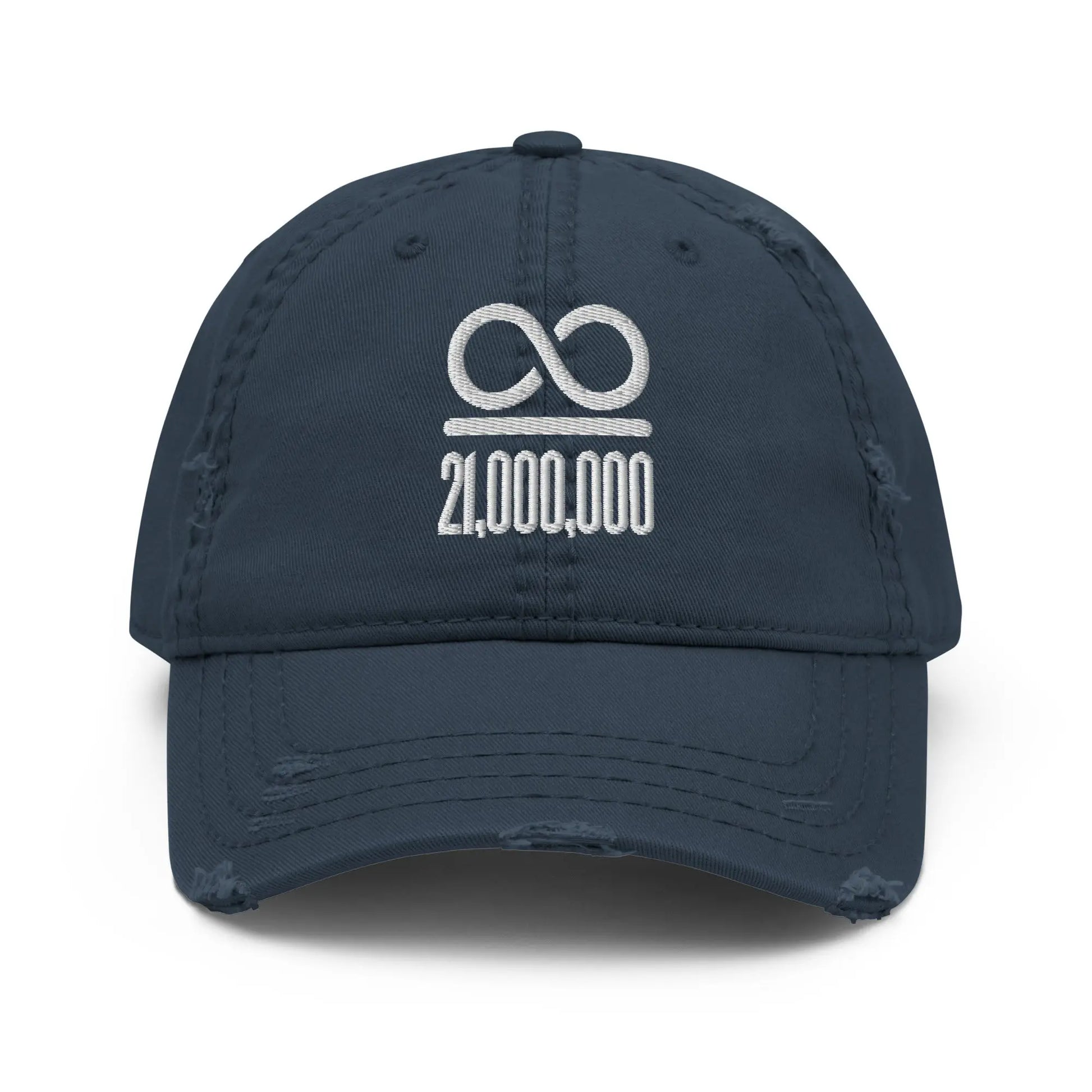 Infinity Divided By 21 Million - White Embroidery - Distressed Bitcoin Hat Store of Value