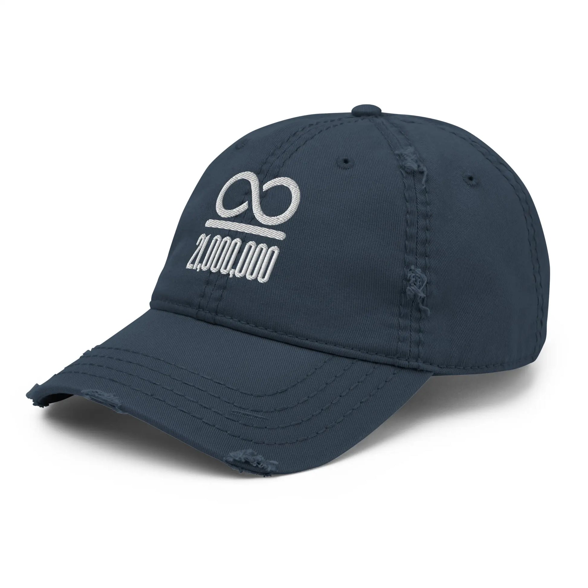 Infinity Divided By 21 Million - White Embroidery - Distressed Bitcoin Hat Store of Value