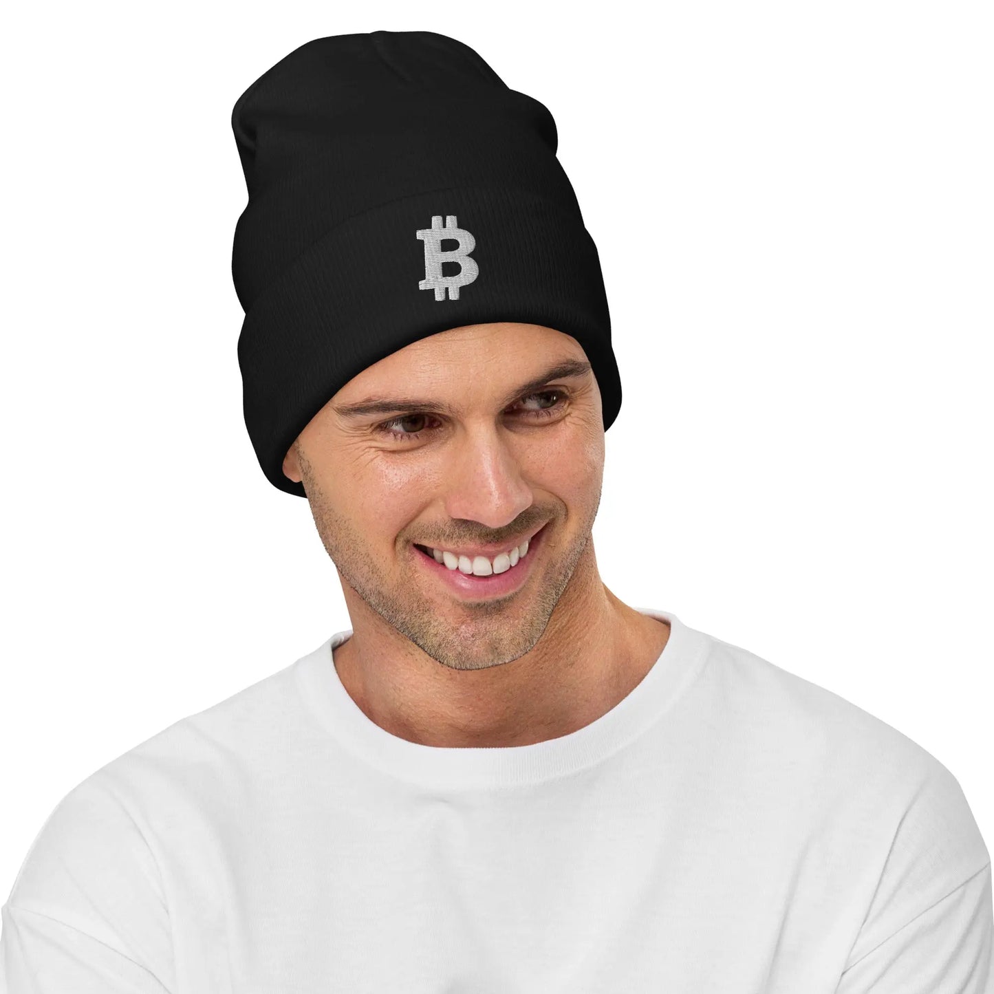 White Angled Bitcoin Embroidered Beanie Black