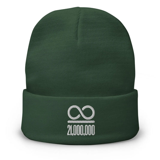 Infinity Divided By 21 Million - White Embroidery - Beanie Store of Value