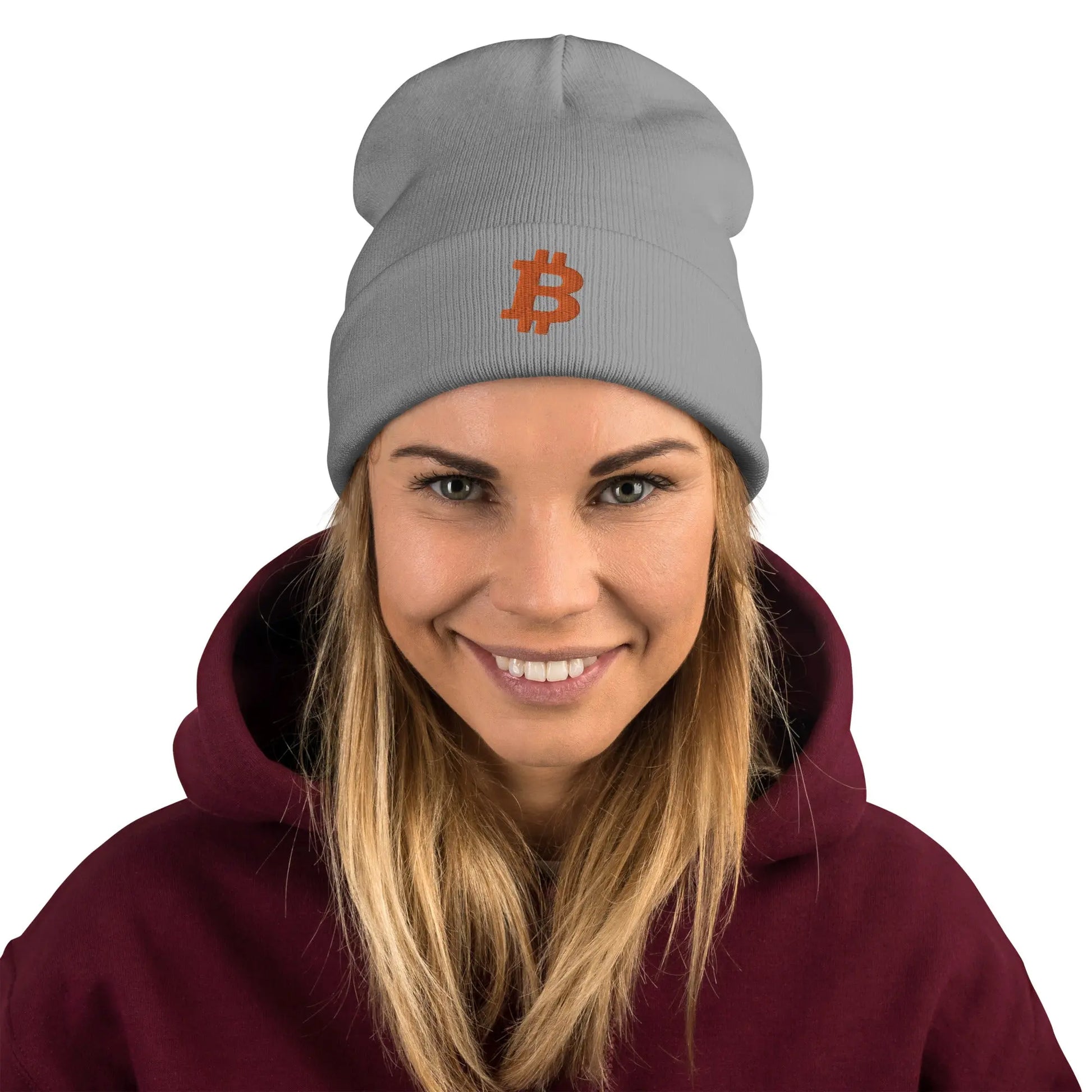 Orange Angled Bitcoin Embroidered Beanie Grey