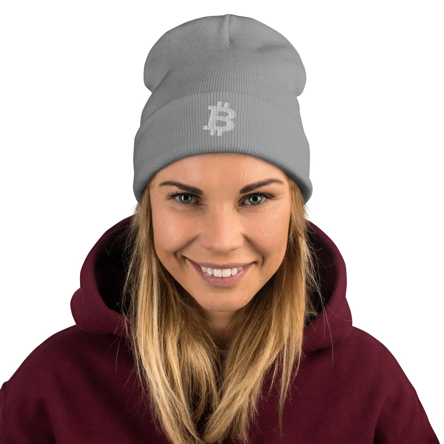 White Angled Bitcoin Embroidered Beanie Grey