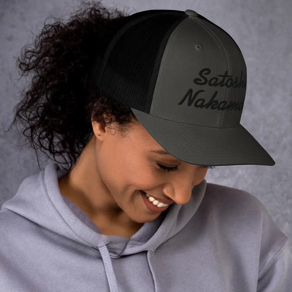 Satoshi Nakamoto - Retro Trucker Bitcoin Hat - Black Embroidery Store of Value