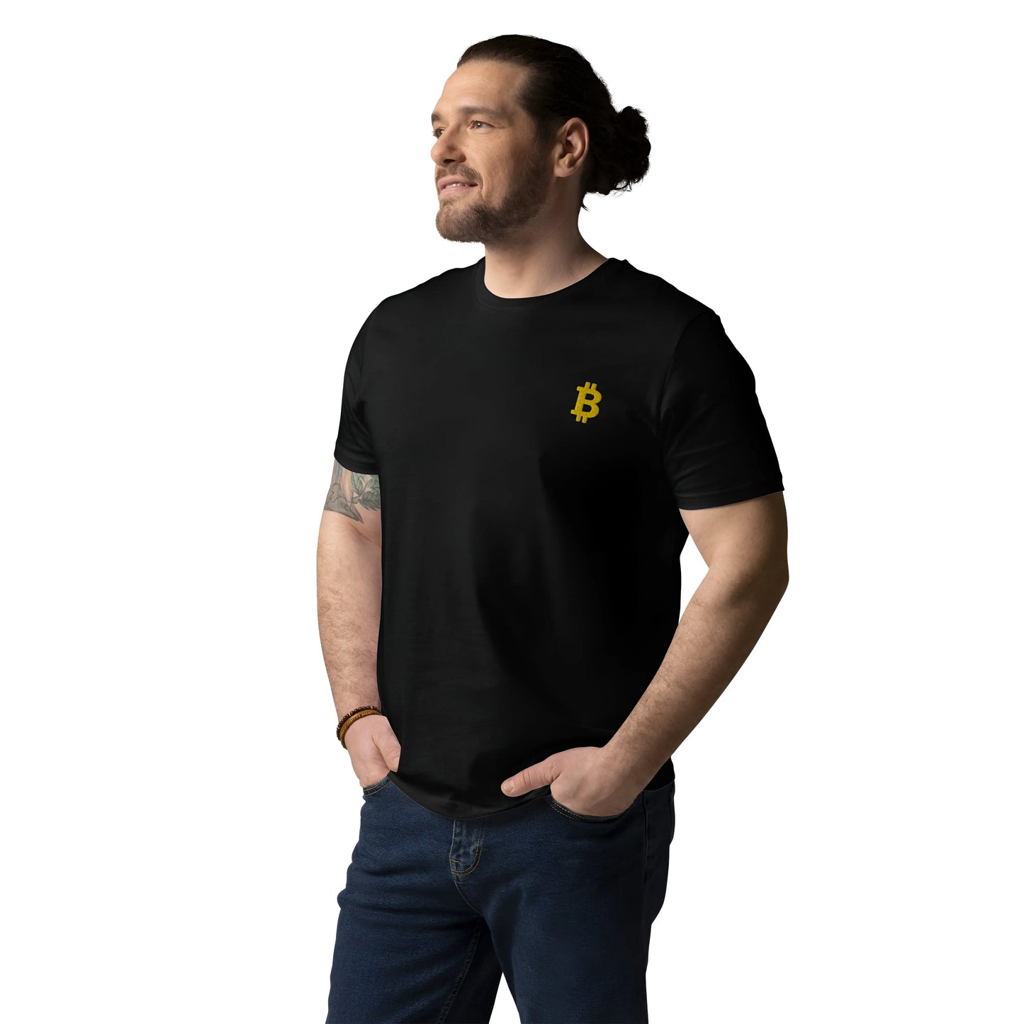 Gold Angled Bitcoin Embroidered - Premium Unisex Organic Cotton Bitcoin T-shirt Black Color