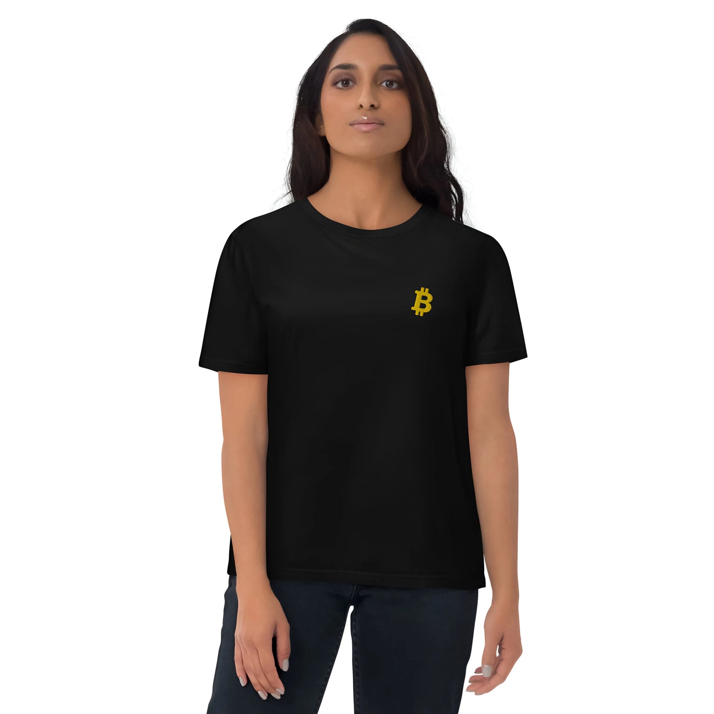 Gold Angled Bitcoin Embroidered - Premium Unisex Organic Cotton Bitcoin T-shirt Black Color