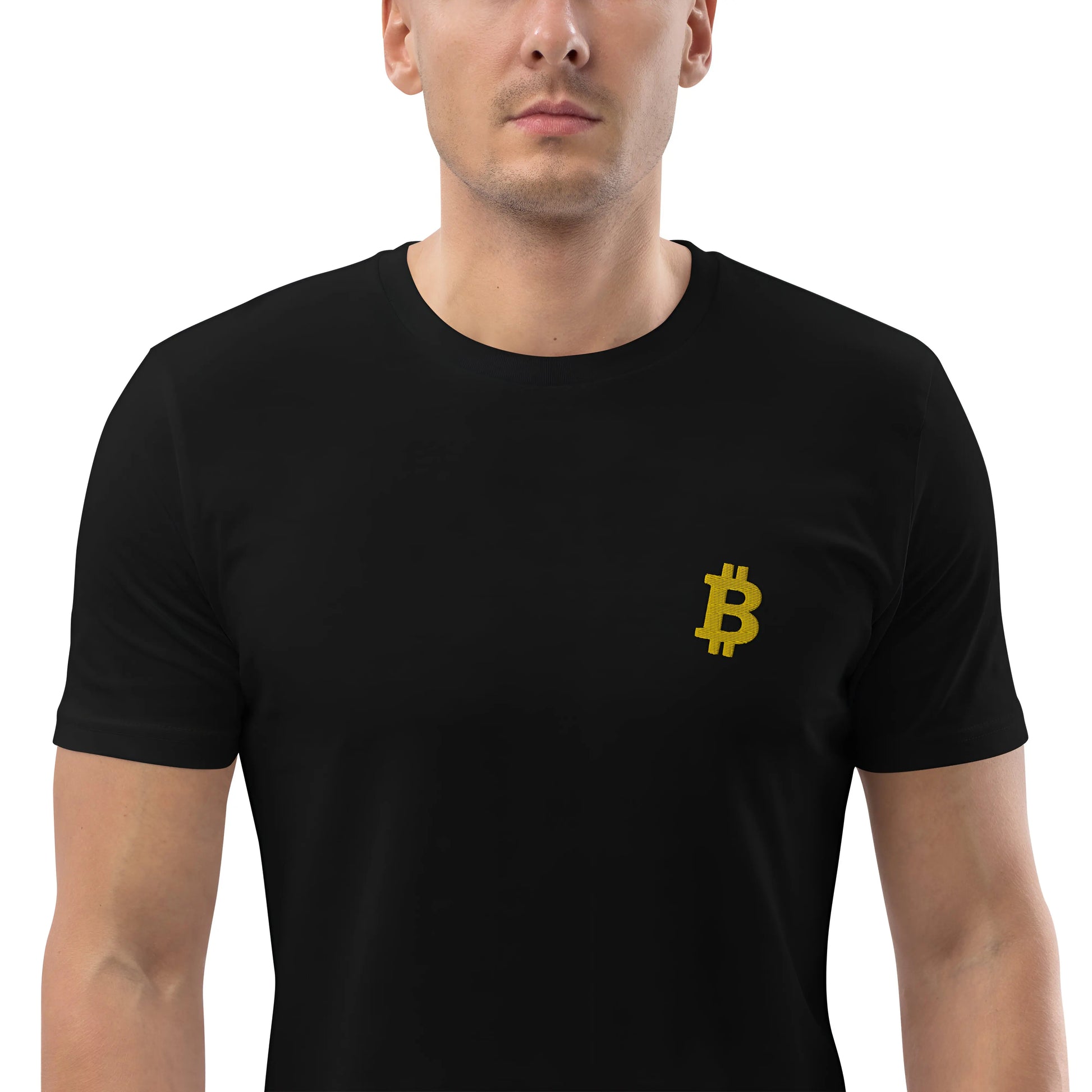 Gold Angled Bitcoin Embroidered - Premium Unisex Organic Cotton Bitcoin T-shirt Black Color