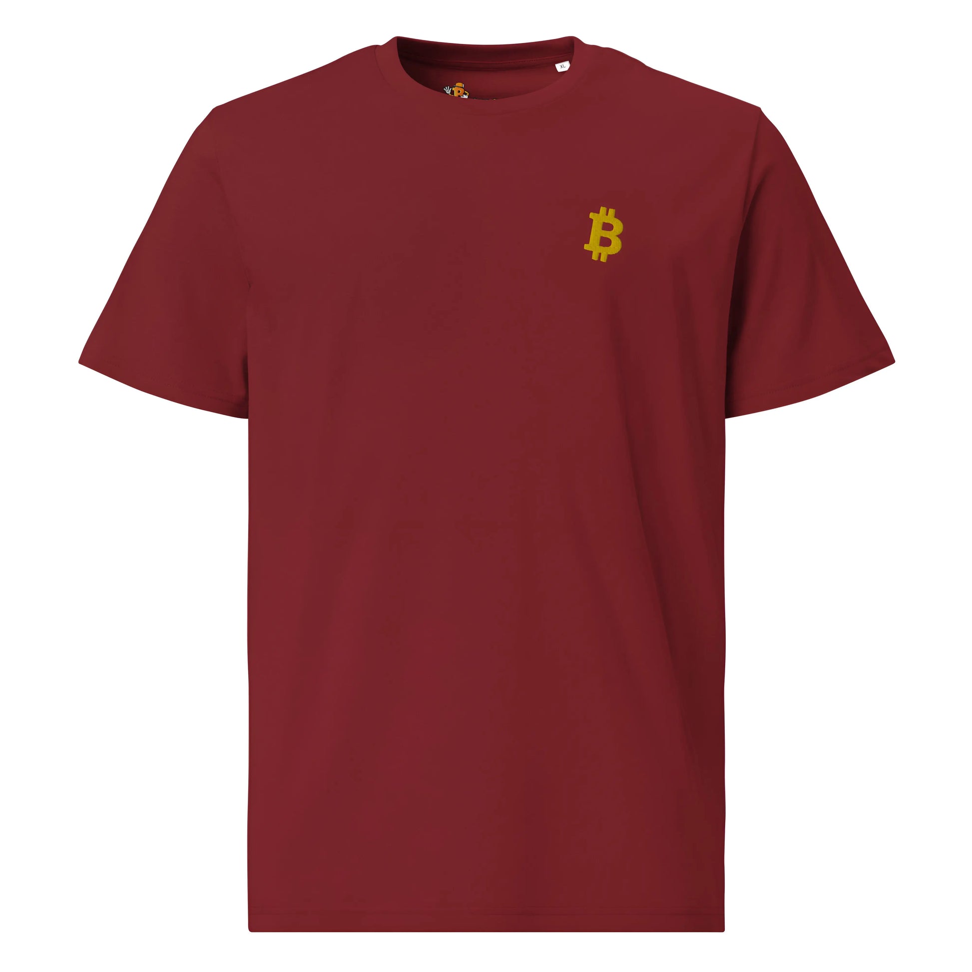 Gold Angled Bitcoin Embroidered - Premium Unisex Organic Cotton Bitcoin T-shirt BurgundyColor