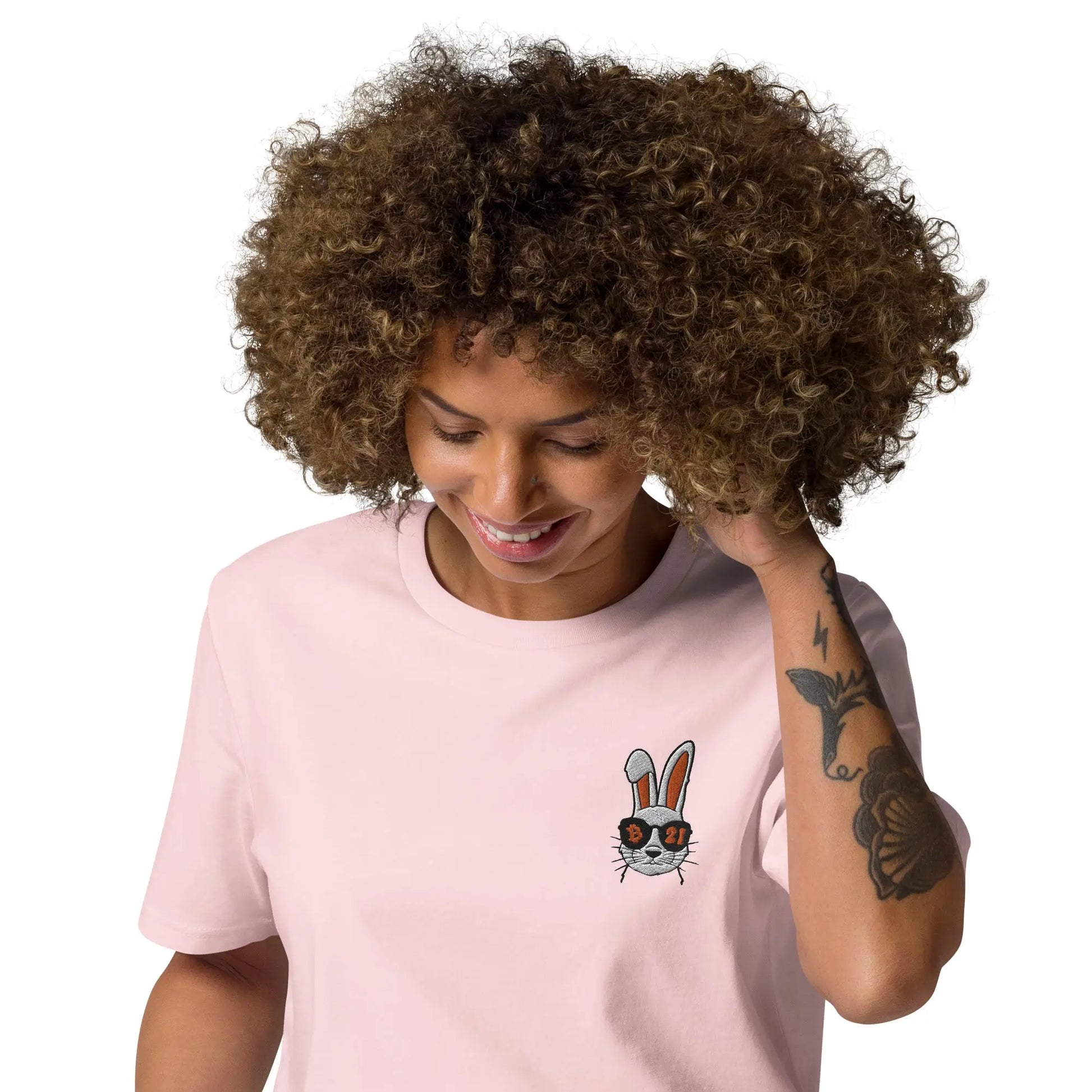 Rabbit 21 - Premium Embroidered Unisex Organic Cotton Bitcoin T-shirt Pink Color