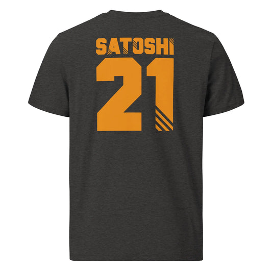 Satoshi 21 - Premium Unisex Organic Cotton Bitcoin T-shirt - Back Print Grey Color