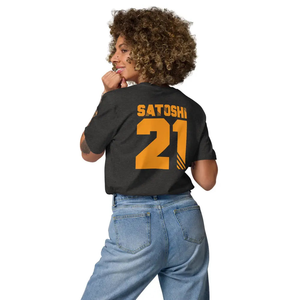 Satoshi 21 - Premium Unisex Organic Cotton Bitcoin T-shirt - Back Print Grey Color