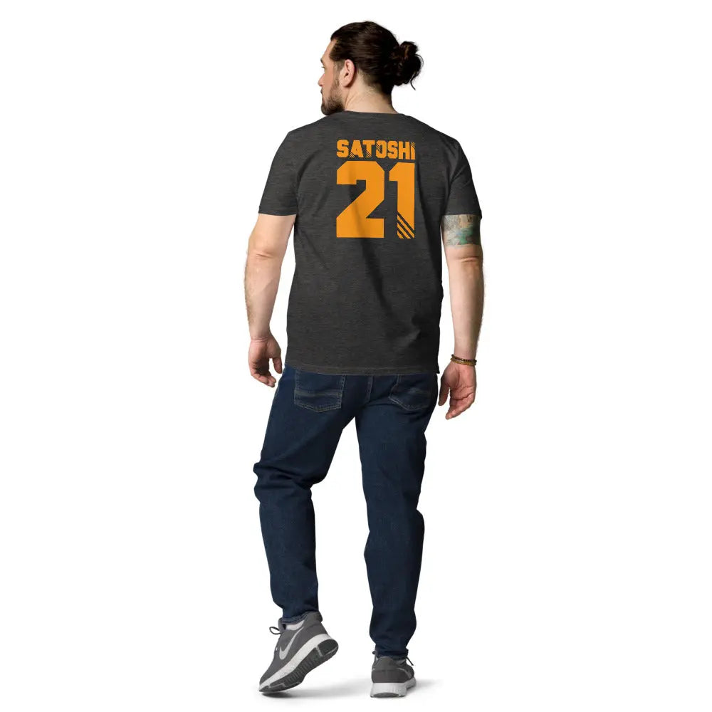 Satoshi 21 - Premium Unisex Organic Cotton Bitcoin T-shirt - Back Print Grey Color