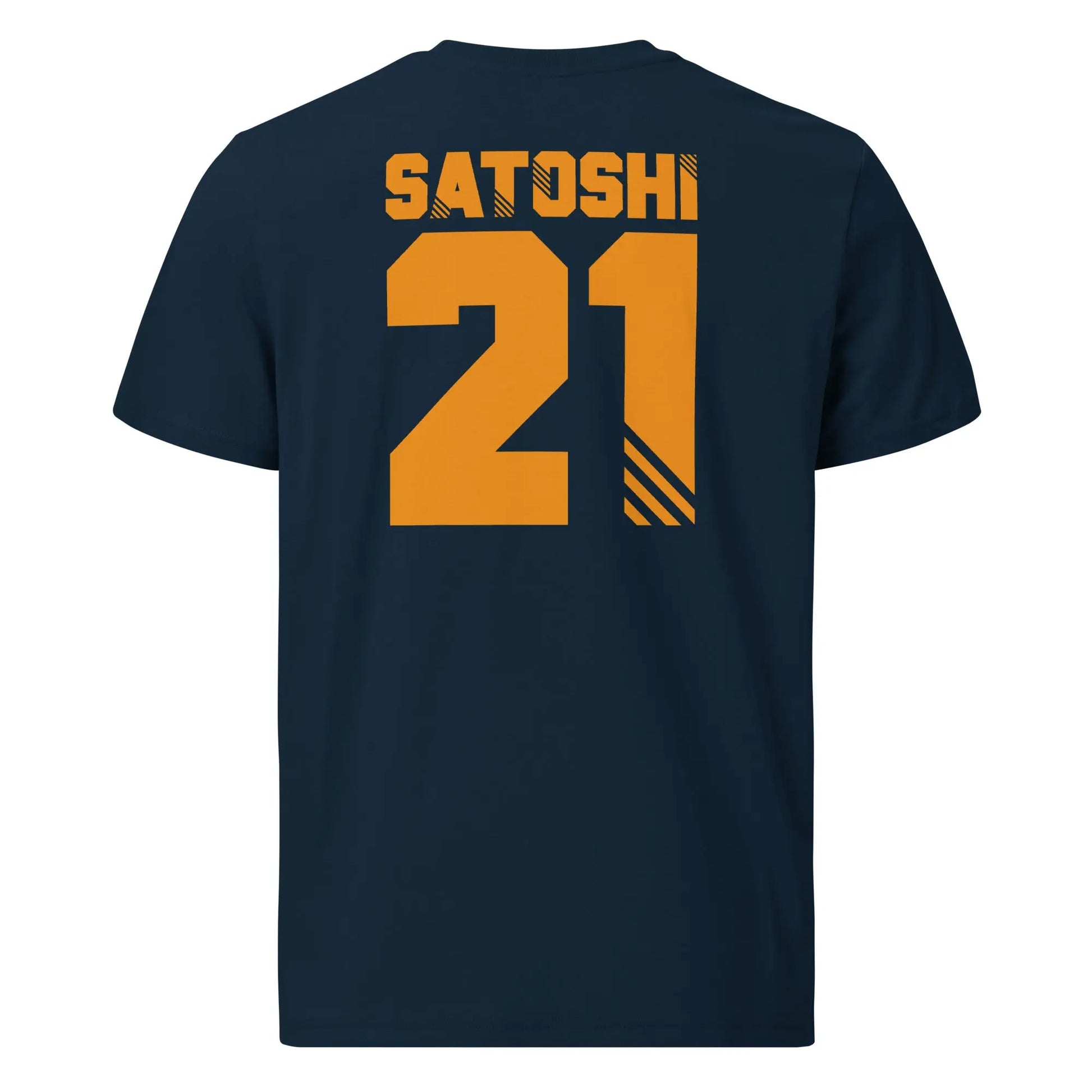 Satoshi 21 - Premium Unisex Organic Cotton Bitcoin T-shirt - Back Print Navy Blue Color