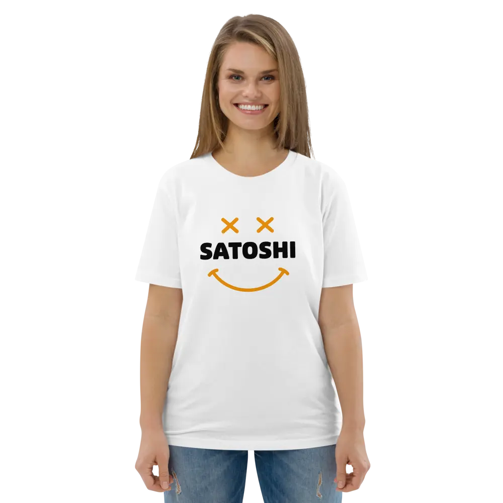 Satoshi Smiley T-shirt - BitPopArt - White Color - Premium Organic Cotton - Unisex Store of Value