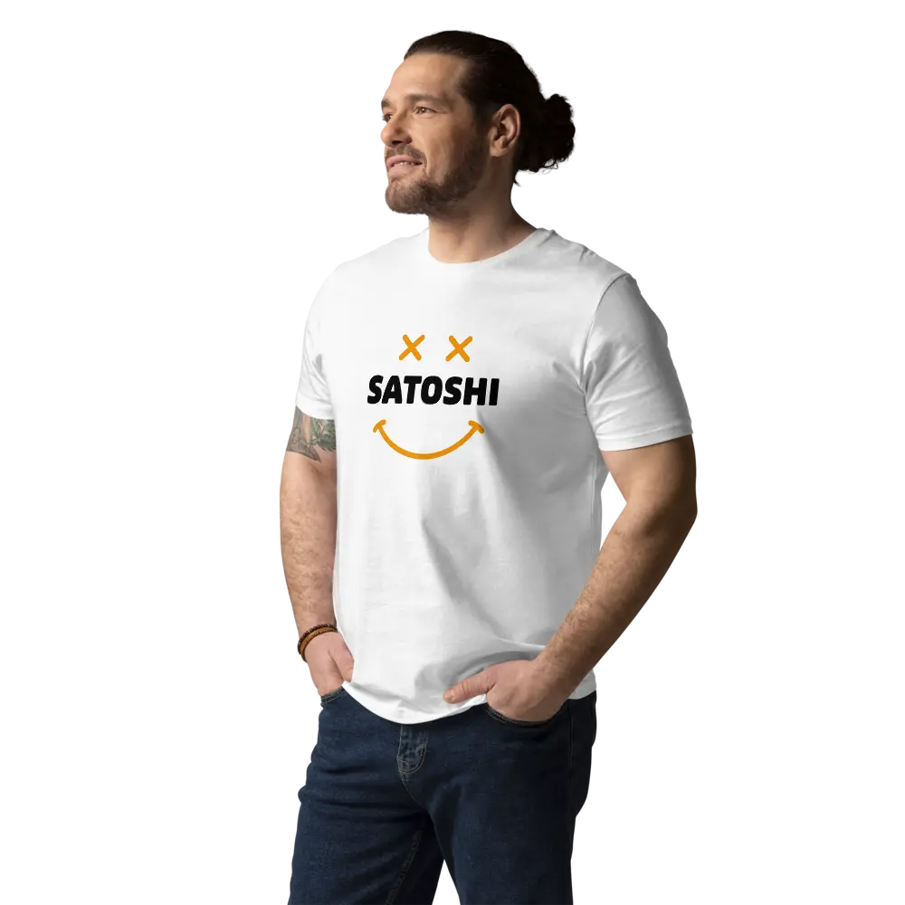 Satoshi Smiley T-shirt - BitPopArt - White Color - Premium Organic Cotton - Unisex Store of Value