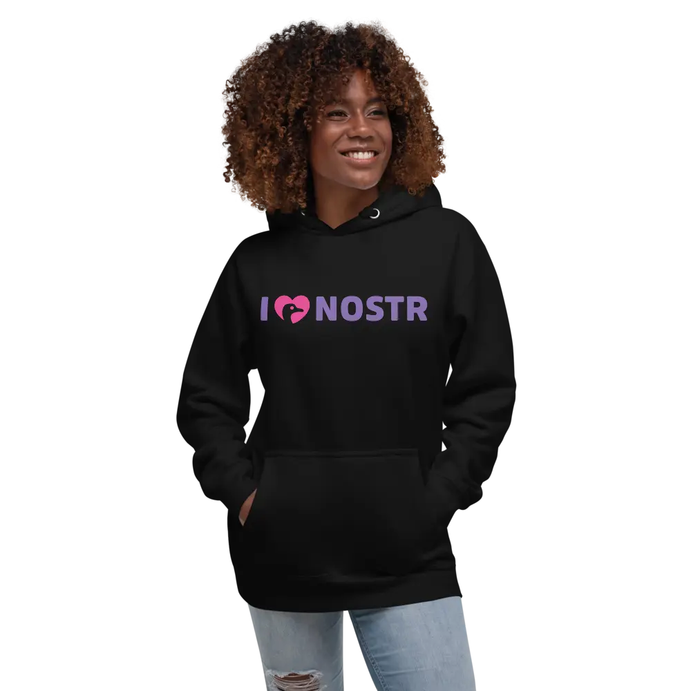 I Love Nostr Hoodie - By BitPopArt - Black Color - Premium - Unisex Store of Value