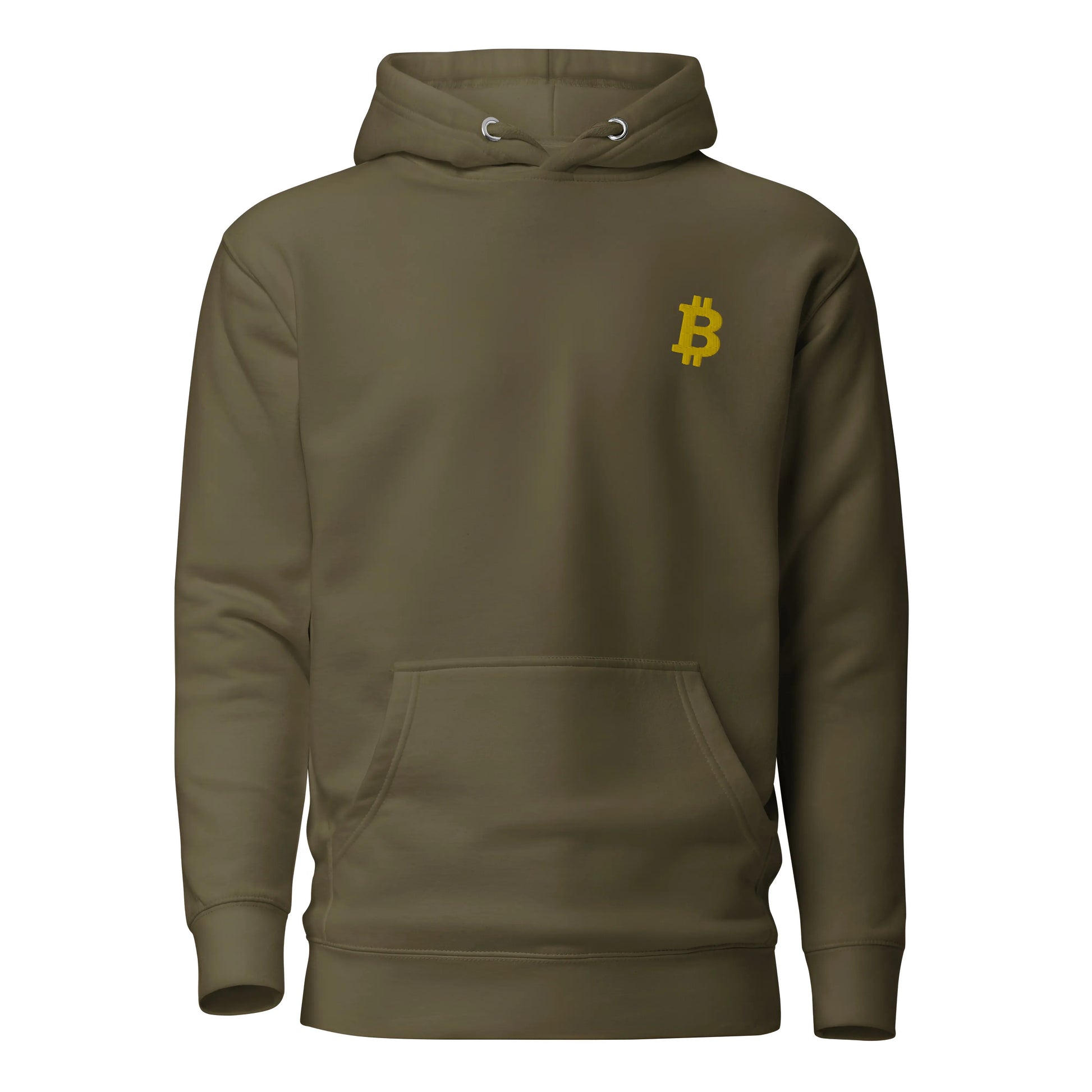 Simply Angled Bitcoin Embroidered - Premium Unisex Bitcoin Hoodie Gold Military Green Color