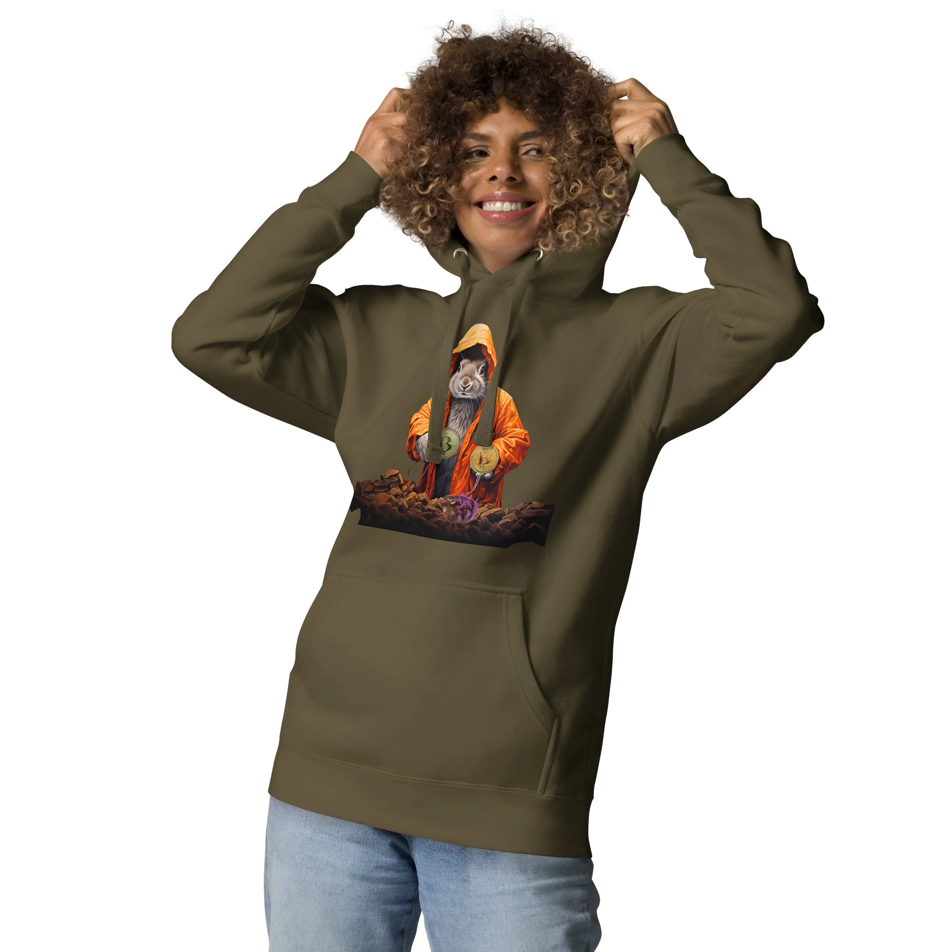 Falling Down The Bitcoin Rabbit Hole - Magic Rabbit Premium Unisex Bitcoin Hoodie Military Green Color