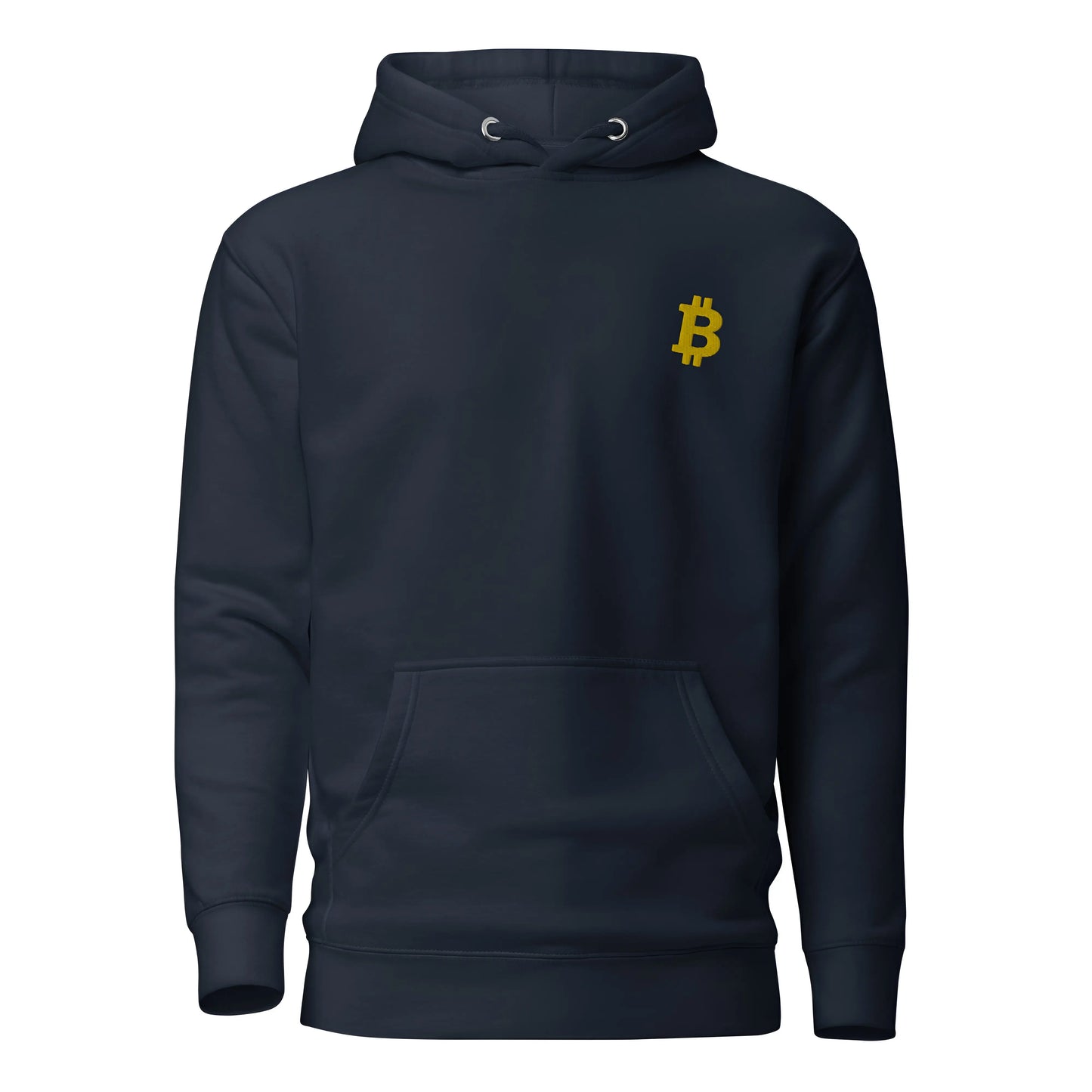 Simply Angled Bitcoin Embroidered - Premium Unisex Bitcoin Hoodie Gold Navy Color