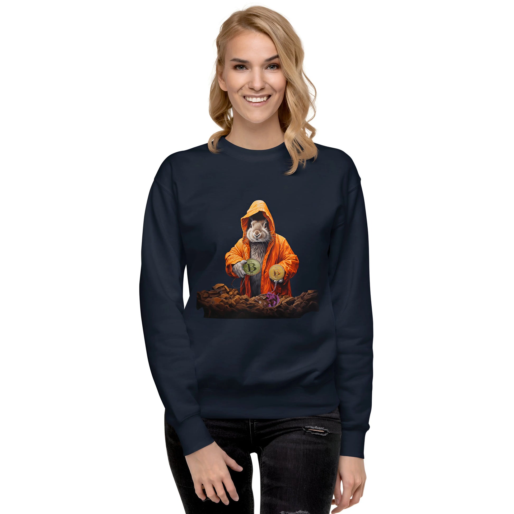 Falling Down The Bitcoin Rabbit Hole - Magic Rabbit Premium Unisex Bitcoin Sweatshirt Navy Color