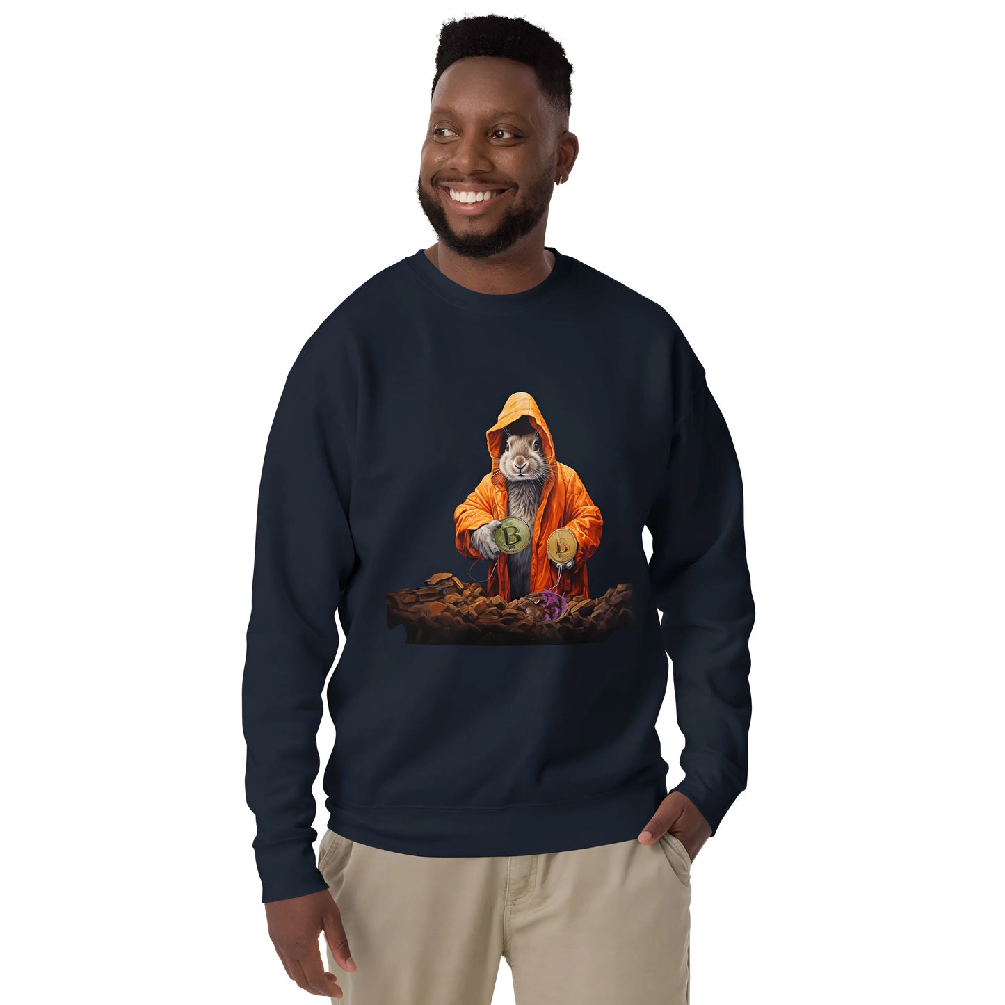 Falling Down The Bitcoin Rabbit Hole - Magic Rabbit Premium Unisex Bitcoin Sweatshirt Navy Color