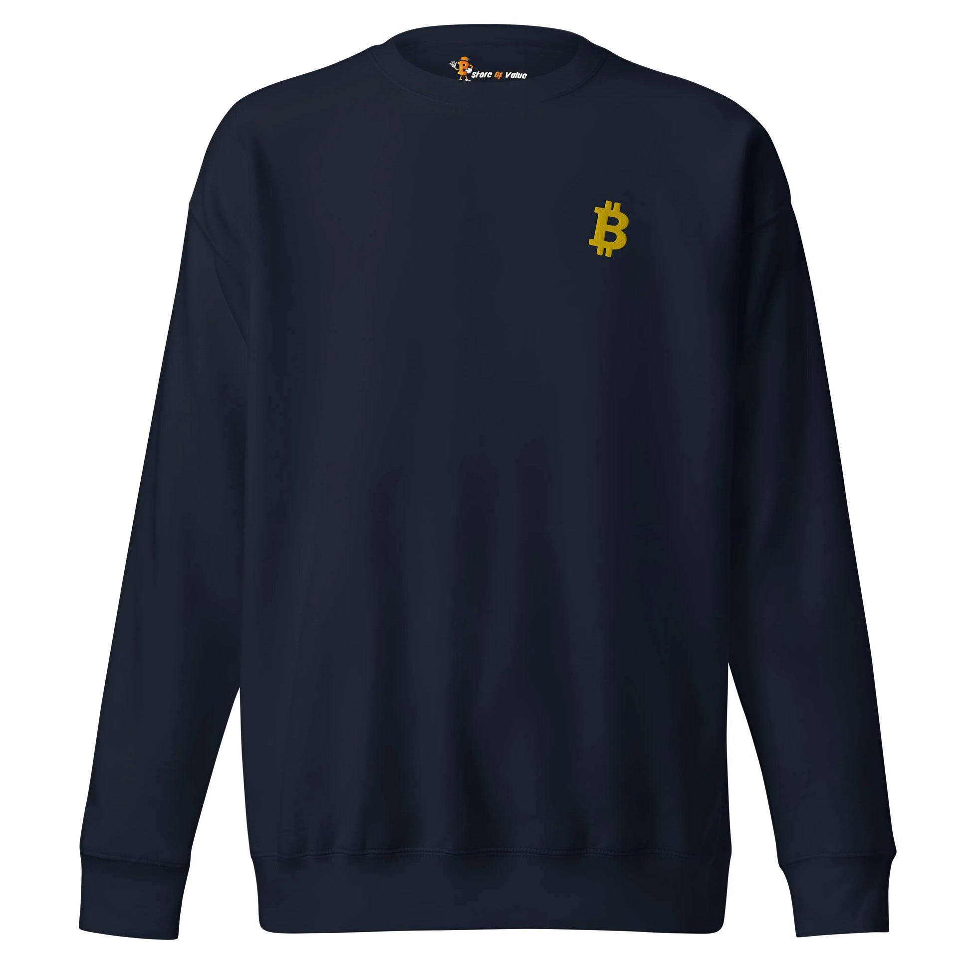 Angled Bitcoin Embroidered Unisex - Premium Sweatshirt Gold Navy Color