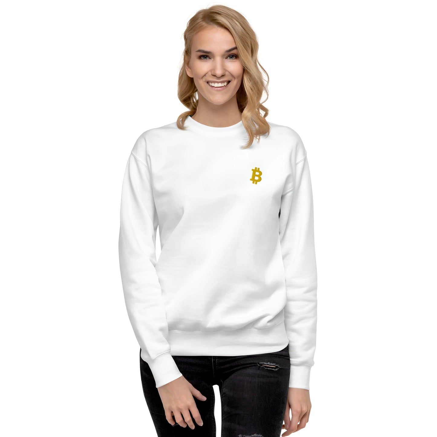 Angled Bitcoin Embroidered Unisex - Premium Sweatshirt Gold White Color