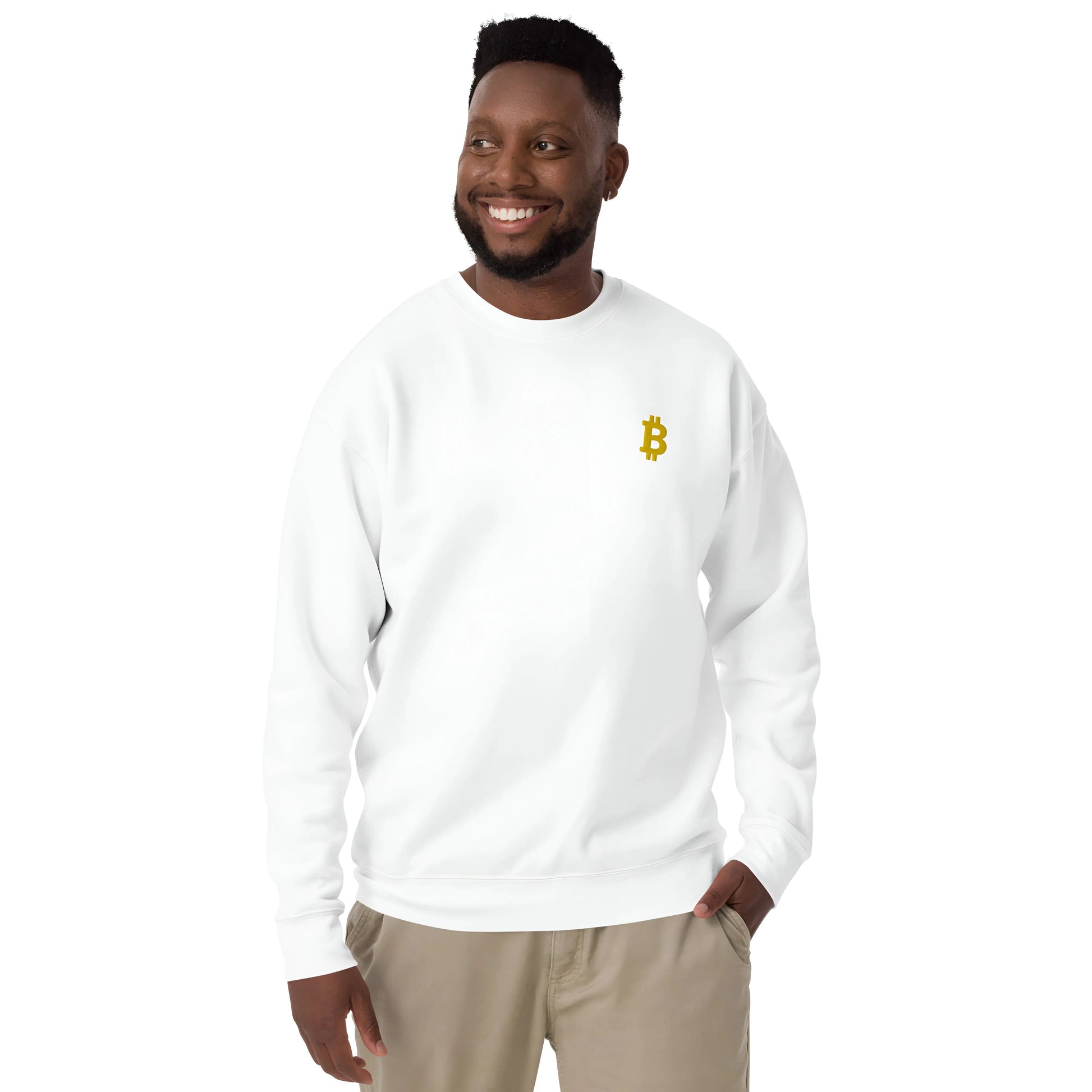 Angled Bitcoin Embroidered Unisex - Premium Sweatshirt Gold White Color