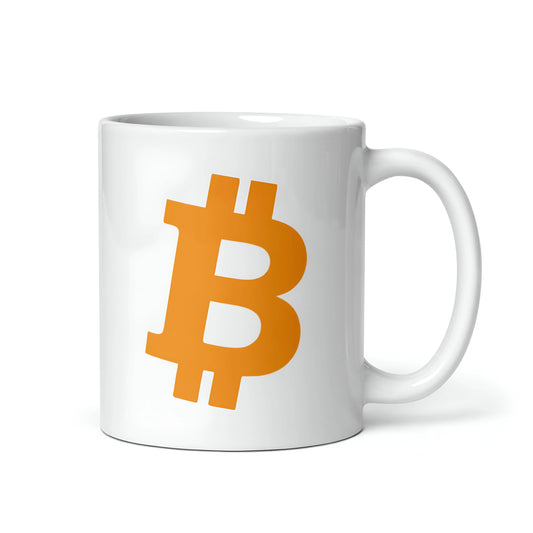 Angled Gold Bitcoin White glossy Mug