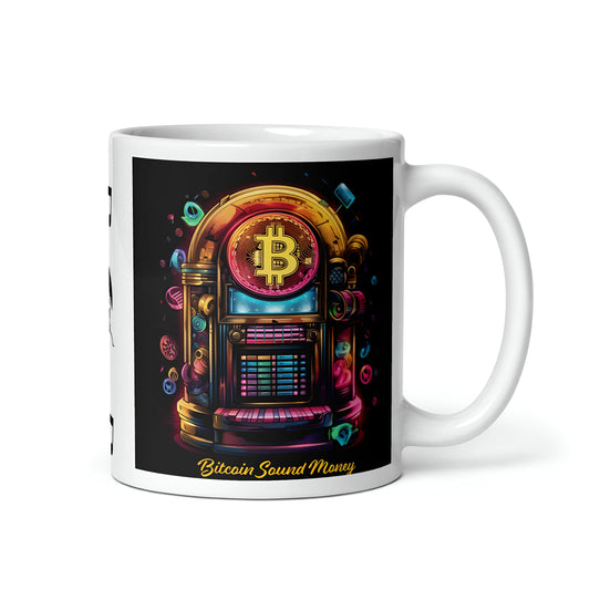 Bitcoin Juke Box Sound Money Black And White Glossy Mug