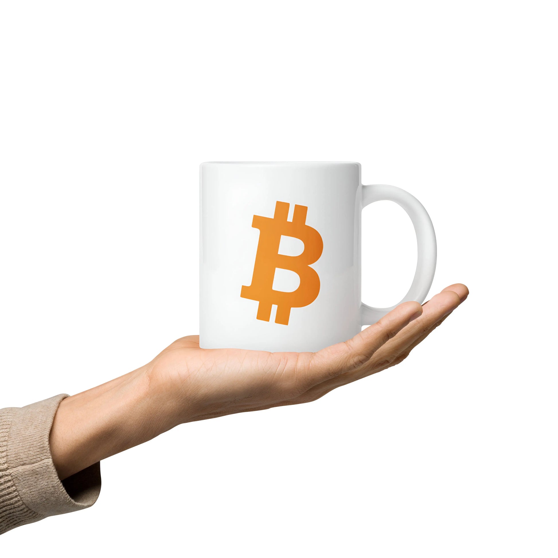 Angled Gold Bitcoin White glossy Mug